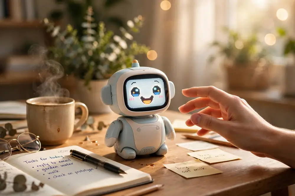 晨光書桌上，桌上 AI 助理在咖啡、筆記與待辦旁回應伸向它的手