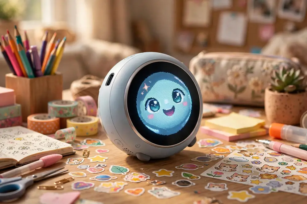 充滿文具與貼紙的創作桌上,Grok Bot 用圓形螢幕露出有活力的表情