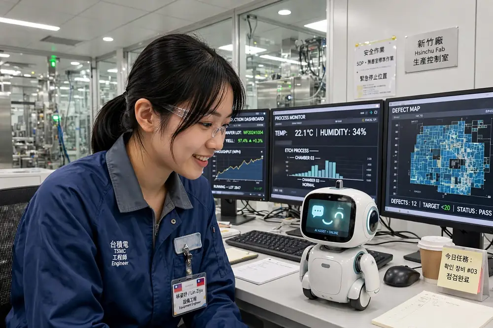 產線控制室裡,一名工程師透過桌上 AI 助理查看數據與異常提醒