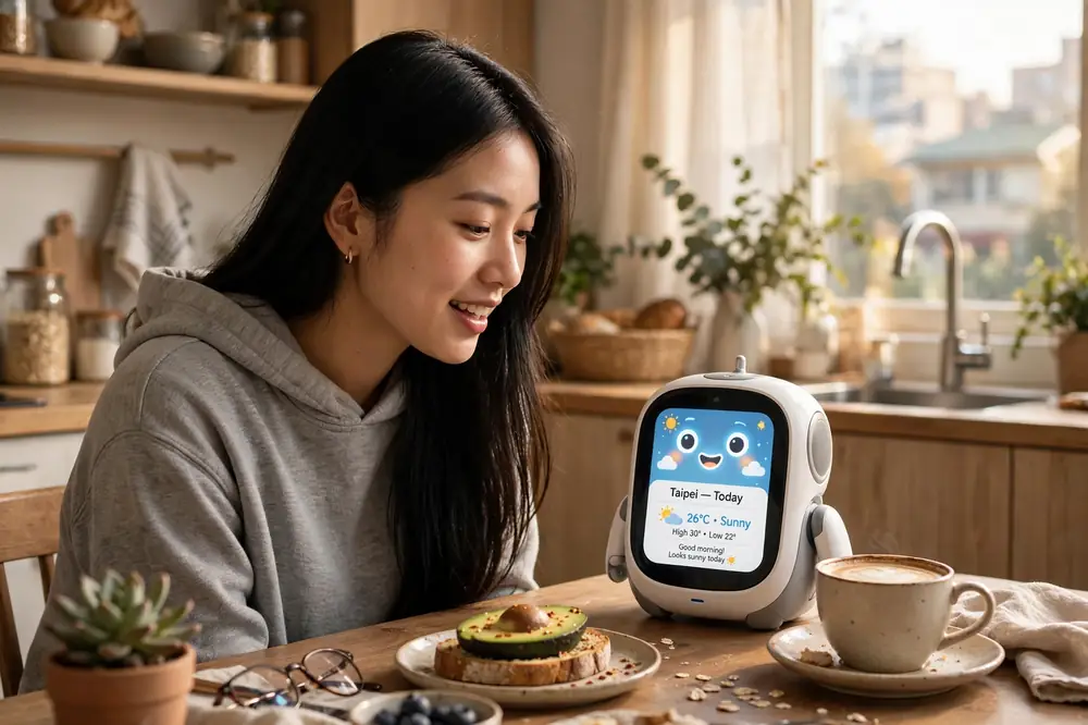 早晨廚房裡,一名女子在早餐桌前聽桌上 AI 助理播報天氣與行程