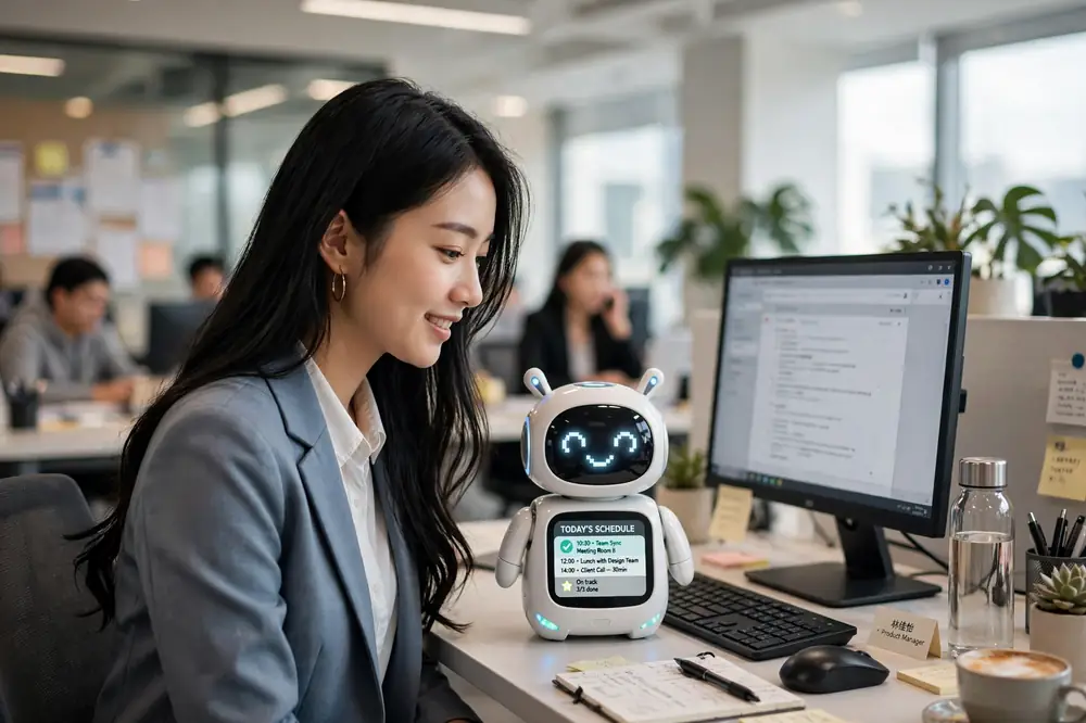 辦公室裡,一名女子透過桌上 AI 助理管理行程與會議提醒