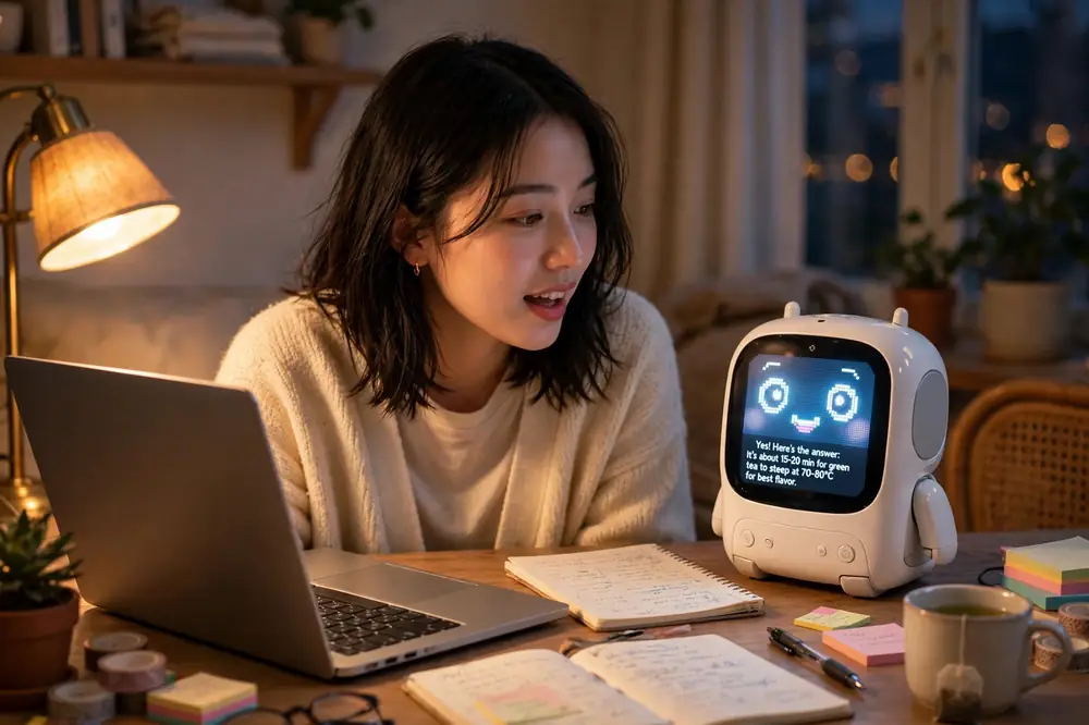夜晚書桌前,一名女子向桌上 AI 助理提問並查看回答