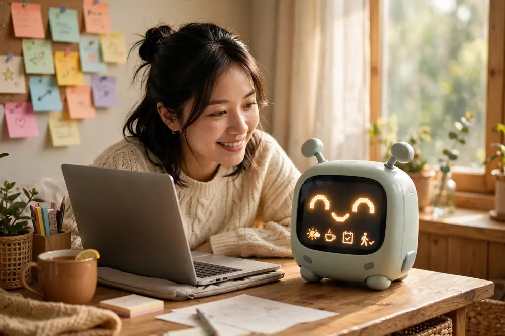 居家工作時,一名女子透過桌上 AI 助理查看提醒與待辦