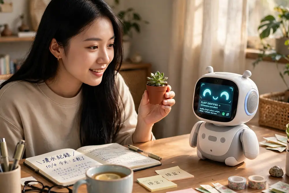 週末客廳裡,家人在桌遊旁請桌上 AI 助理辨認眼前物品