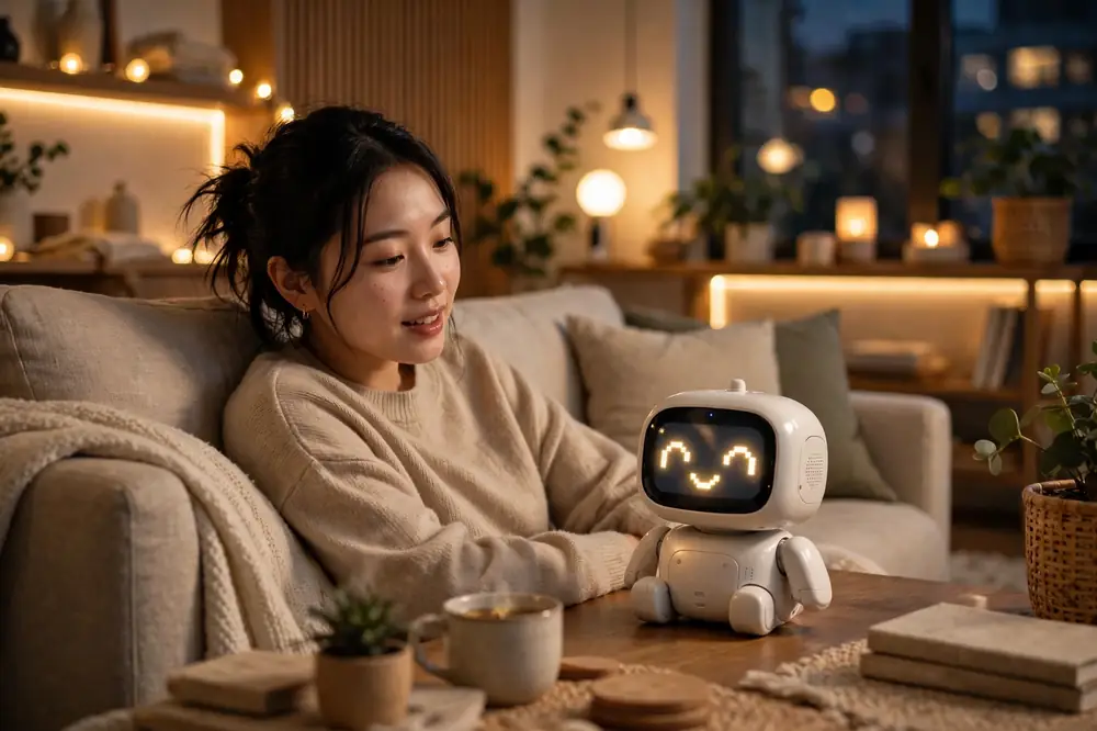 夜晚客廳裡,一名女子透過桌上 AI 助理控制家中燈光