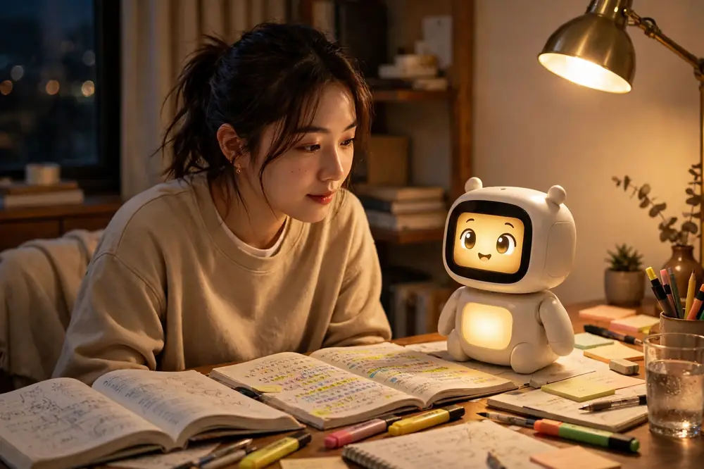 夜晚書桌前,一名女子與桌上 AI 助理一起複習筆記