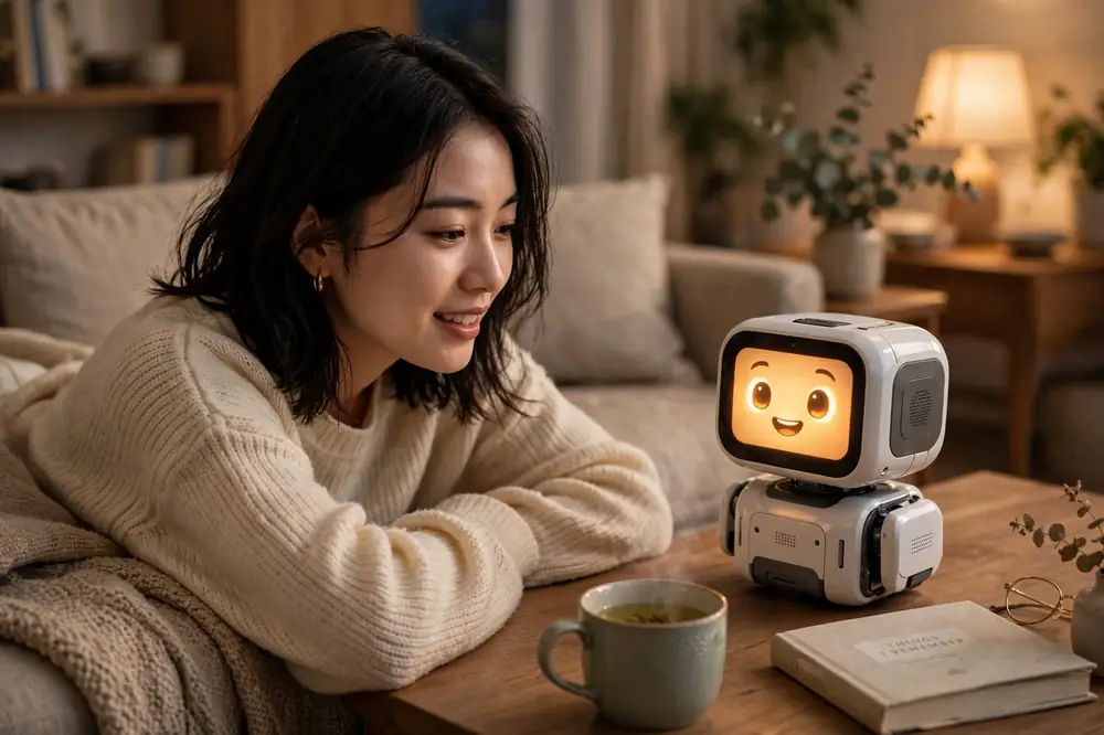 夜晚客廳裡,一名女子在沙發旁與桌上 AI 助理自然對話